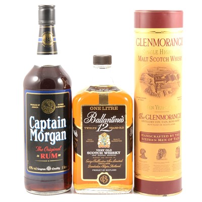 Lot 138 - Glenmorangie 10yo single malt whisky, Captain Morgans Rum, 1L, and a Ballantines 12 yo