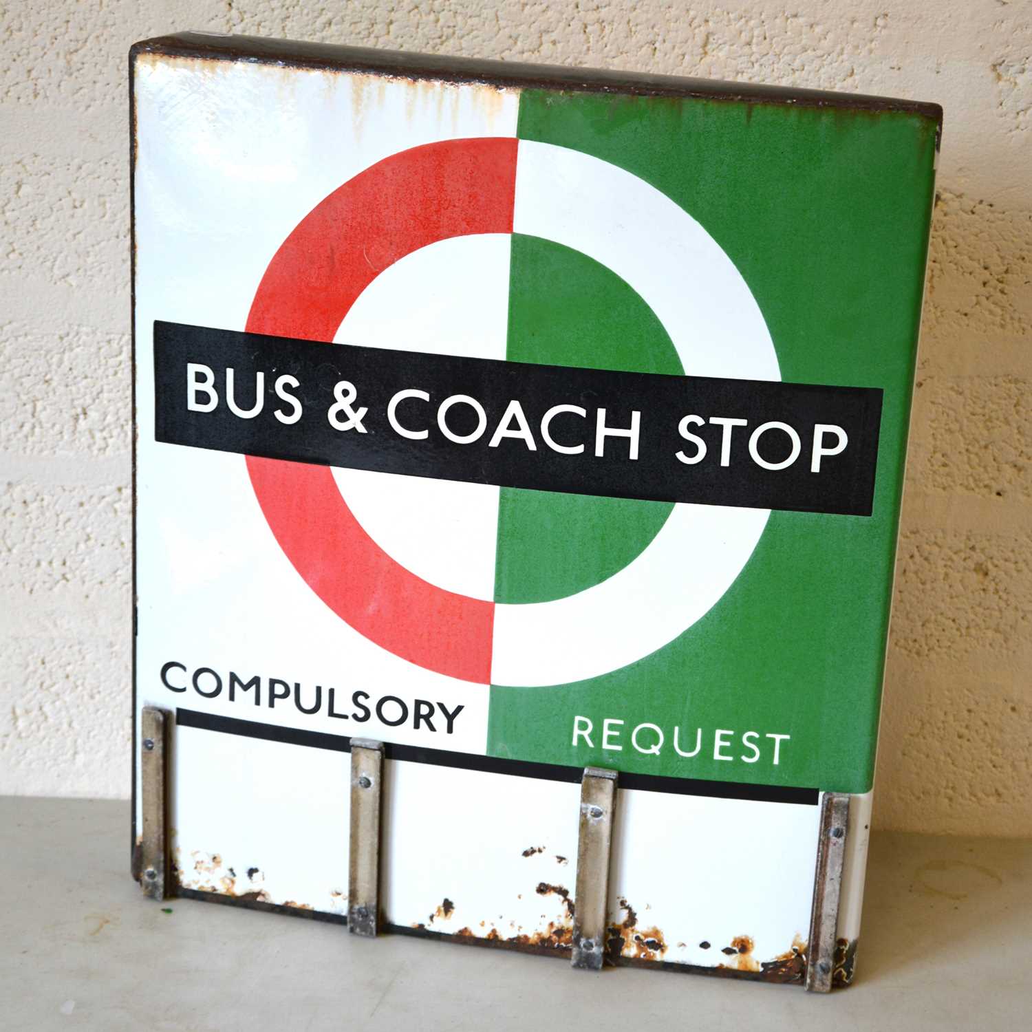 Lot 243 - Original London Transport double sided enamel sign 'Bus & Coach Stop Compulsory Request'