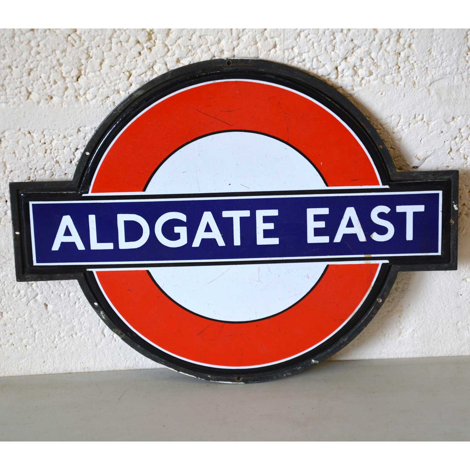 Lot 235 - Original London Underground platform bullseye enamel sign 'Aldgate East'