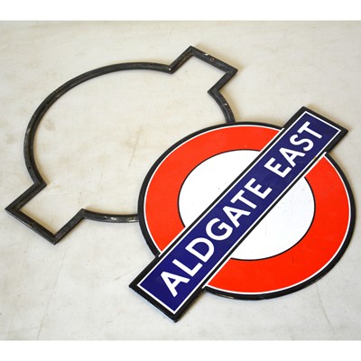 Lot 235 - Original London Underground platform bullseye enamel sign 'Aldgate East'