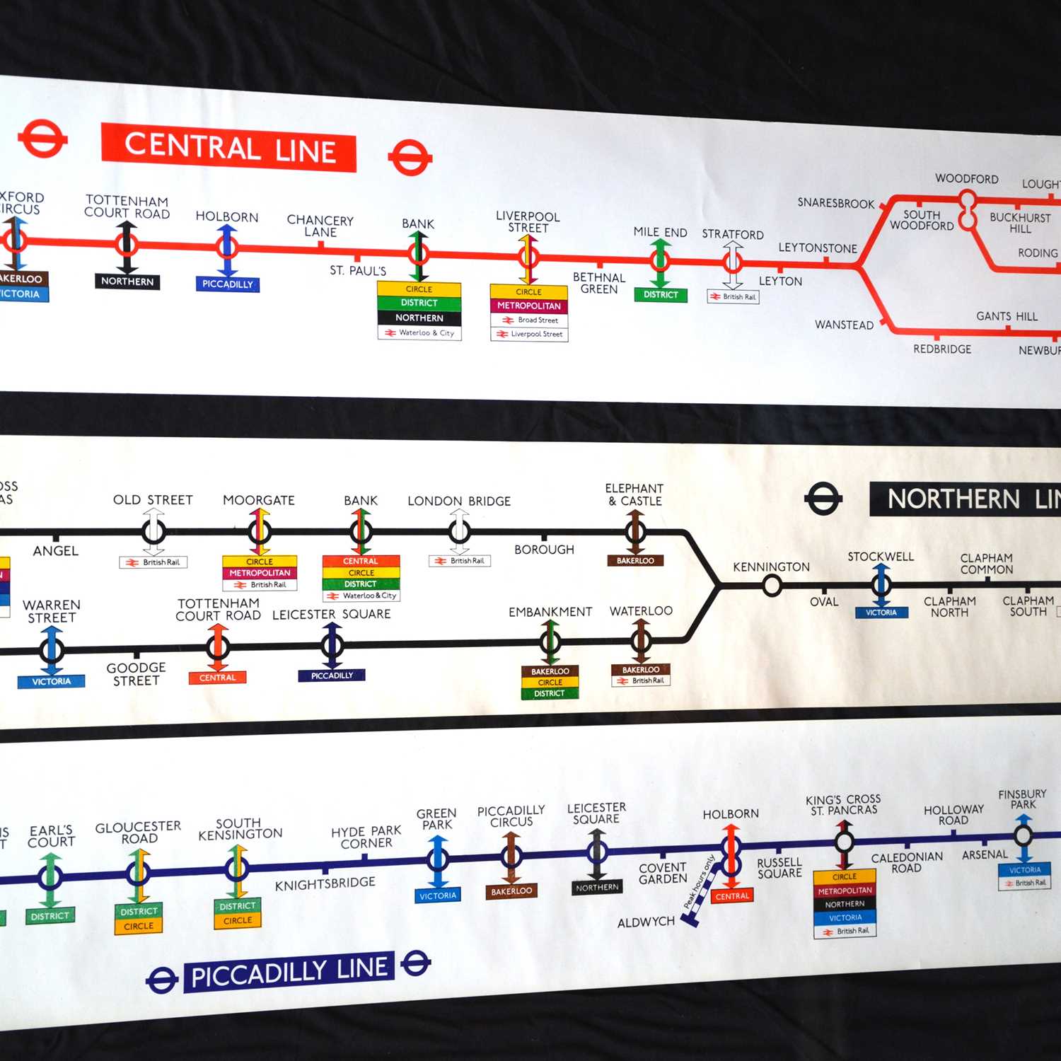 Lot 282 - Three London Underground carriage line route diagrams, three including