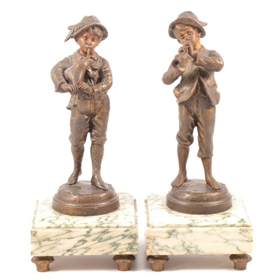 Lot 112 - After Kessler, a pair of French bronzed spelter figures of musicians