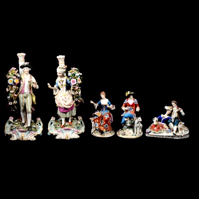 Lot 38 - Pair of Meissen style figural candlesticks and eight other Continental figures