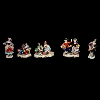 Lot 38 - Pair of Meissen style figural candlesticks and eight other Continental figures