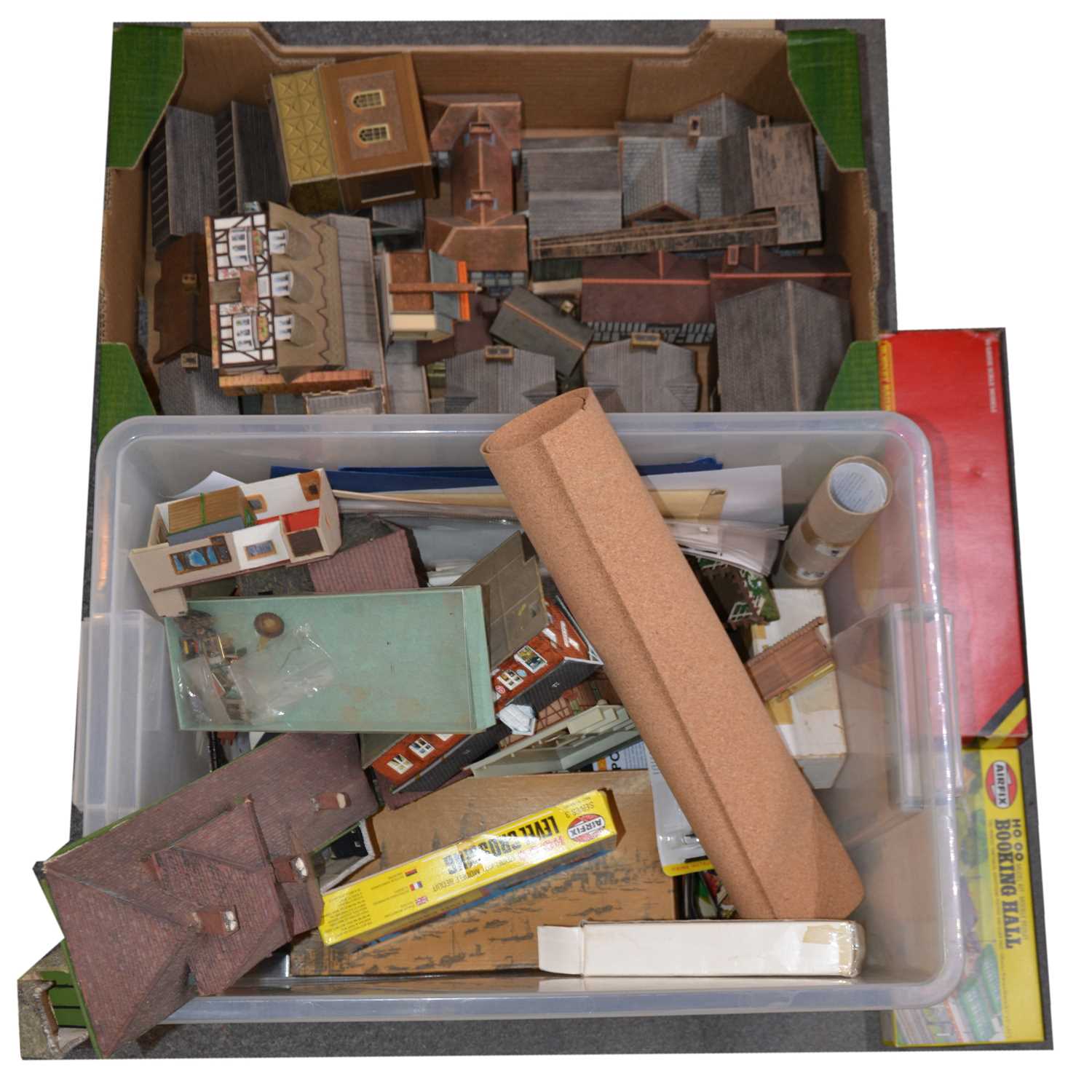 Lot 294 - Two crates of model railway trackside buildings and accessories