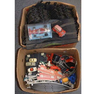 Lot 1195 - Two boxes of Scalextric and Tri-ang minic motorway vehicles, track and accessories