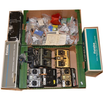 Lot 1271 - RC radio control racing, two boxes of radio transmitters, and spare electric parts