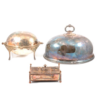 Lot 187 - Silver-plated meat dome, breakfast dish, and a lidded desk stand.
