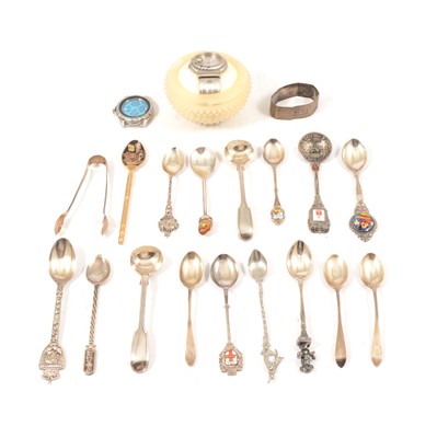 Lot 231 - Silver sugar tongs, napkin ring, teaspoons, white metal and plated teaspoons, and two watches.