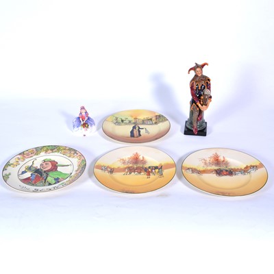 Lot 88 - Two Royal Doulton figures, and four Doulton series ware plates.