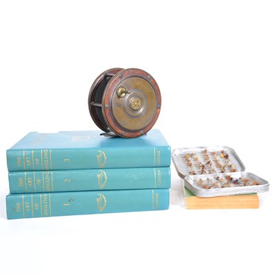 Lot 174 - Early Charles Farlow brass and mahogany centre pin fishing reel, and other fishing related items