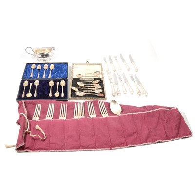 Lot 240 - Seven silver forks, Mappin & Webb Ltd, Sheffield 1972 and 1975, and other silver, white metal and plated wares.