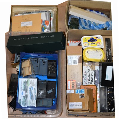 Lot 204 - Three boxes of O and OO gauge model railway spare parts, transfers, coach bodies and others