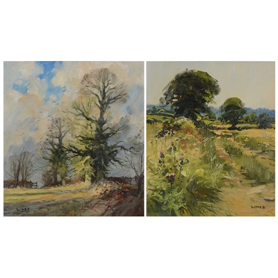 Lot 214 - John Lines, a country lane with flowers, and another work.