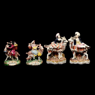 Lot 30A - Pair of Staffordshire figures, The Welch Tailor and his Wife, and a pair of flatbacks
