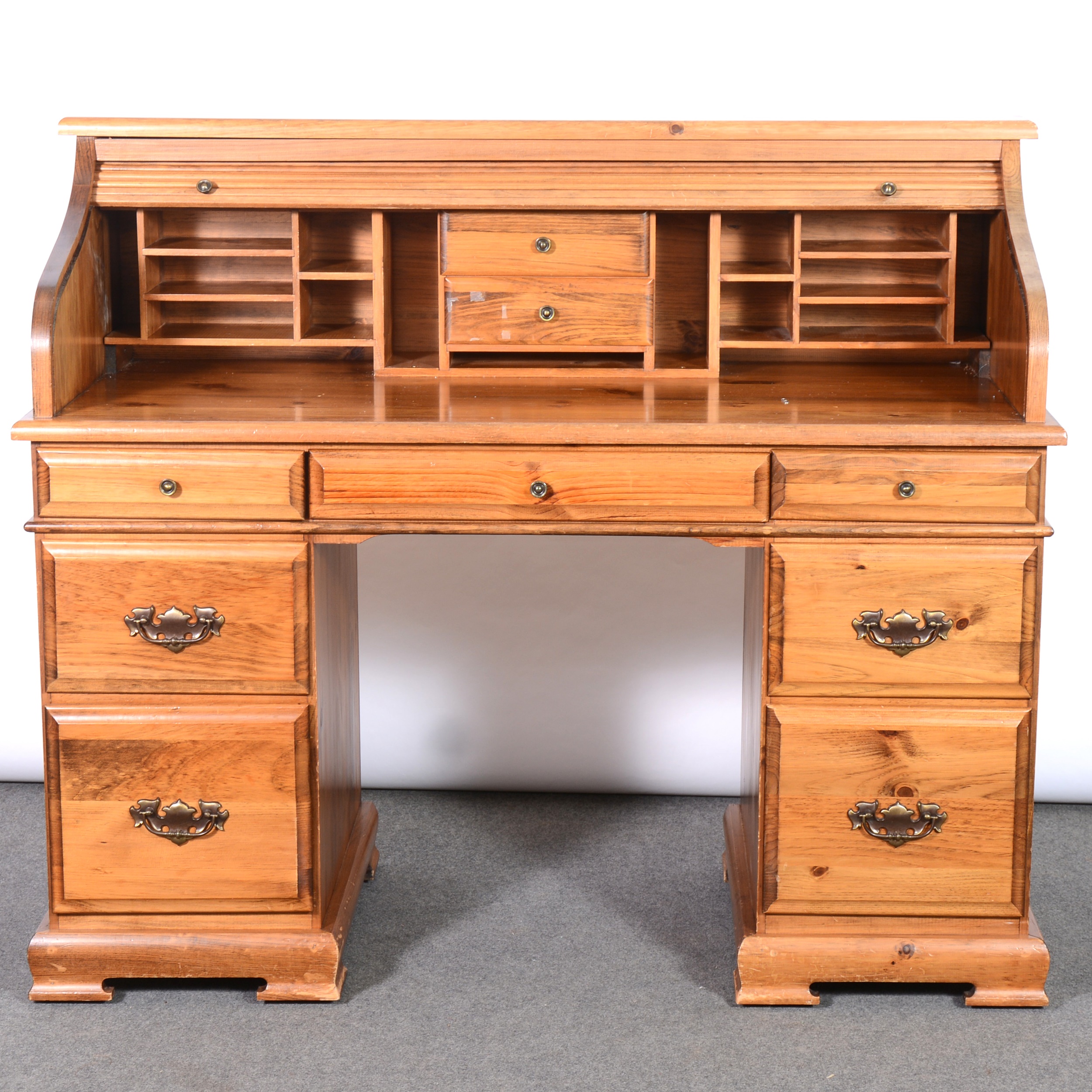 Lot 308 Modern pine roll top desk and an elm chair,
