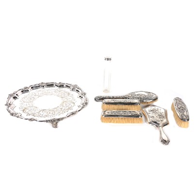 Lot 123 - A silver backed dressing table set, plated salver, salad bowl and servers, biscuit barrel.