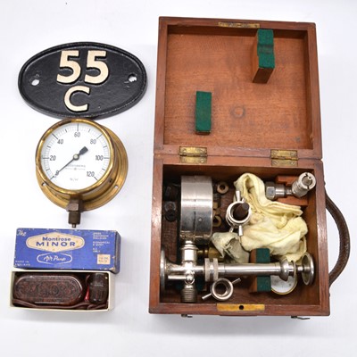 Lot 290 - Two gauges, plaque and an air pump