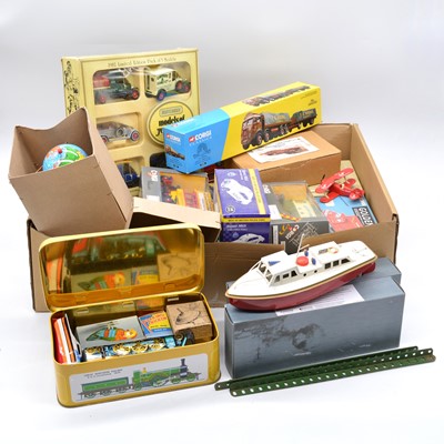 Lot 1039 - Tin plate toys and model die-cast models; one box including Sutcliffe boat 'Jupiter