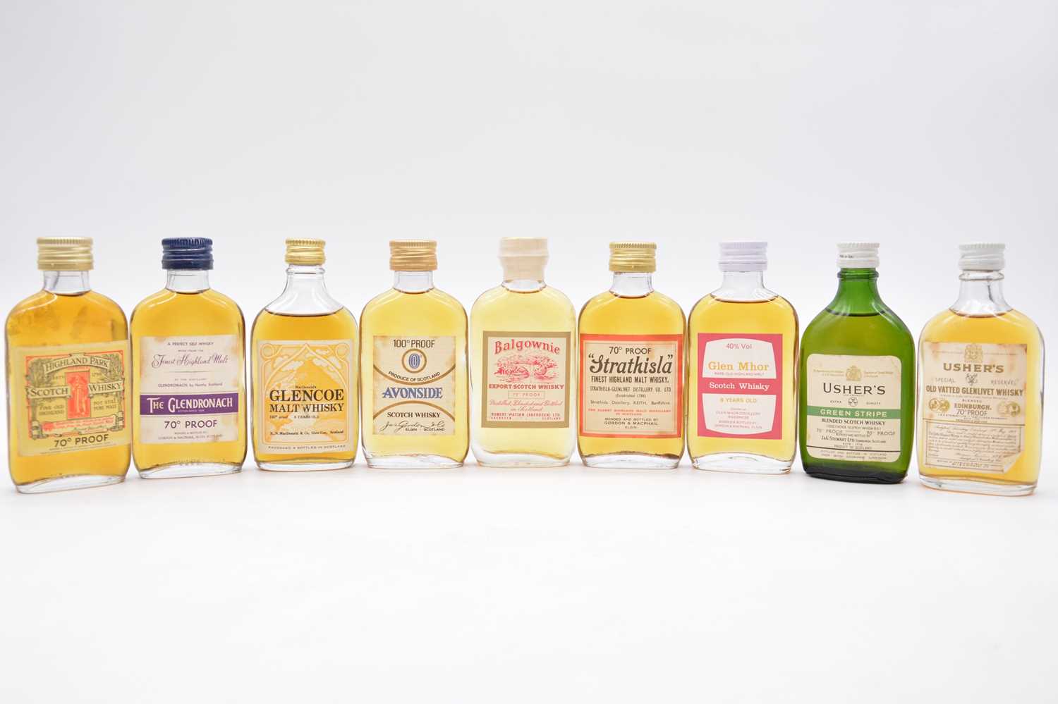 Lot 610 - Nine flat bottle whisky miniatures, mostly 1970s