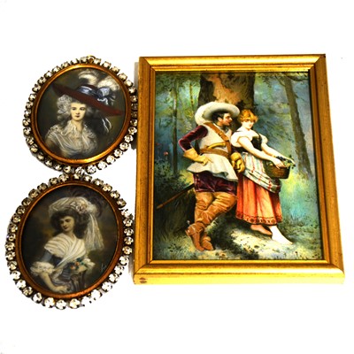 Lot 97 - Painted porcelain plaque of couple in 17th century attire, and two portrait miniatures.
