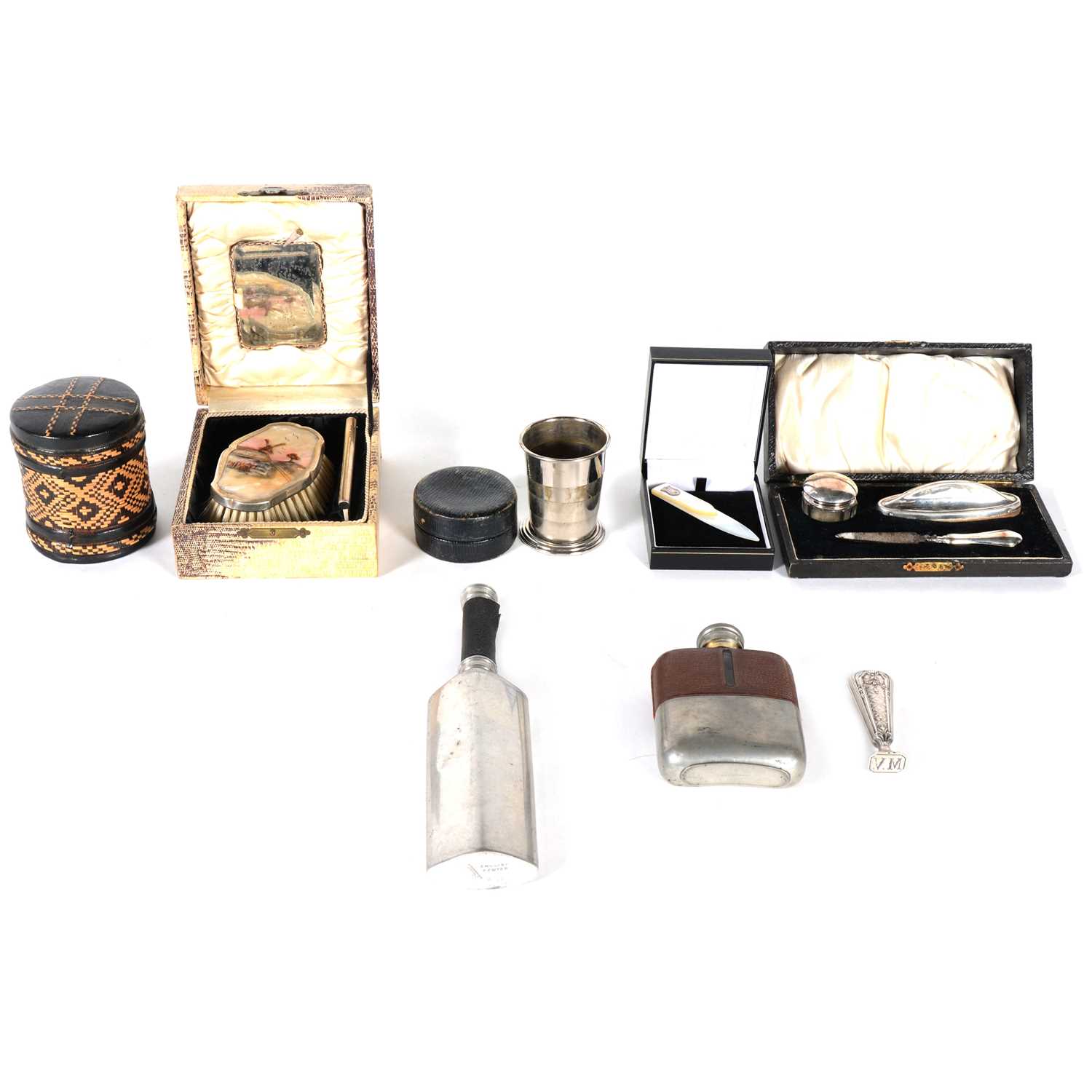 Lot 126 - Vintage collectables, a cased three piece silver manicure set, cricket bat hip flask, etc