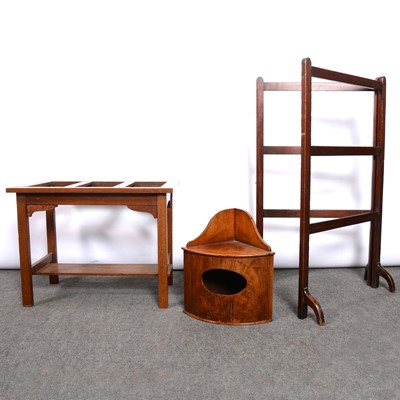 Lot 335 - Edwardian mahogany luggage stand, corner post box and a folding airer