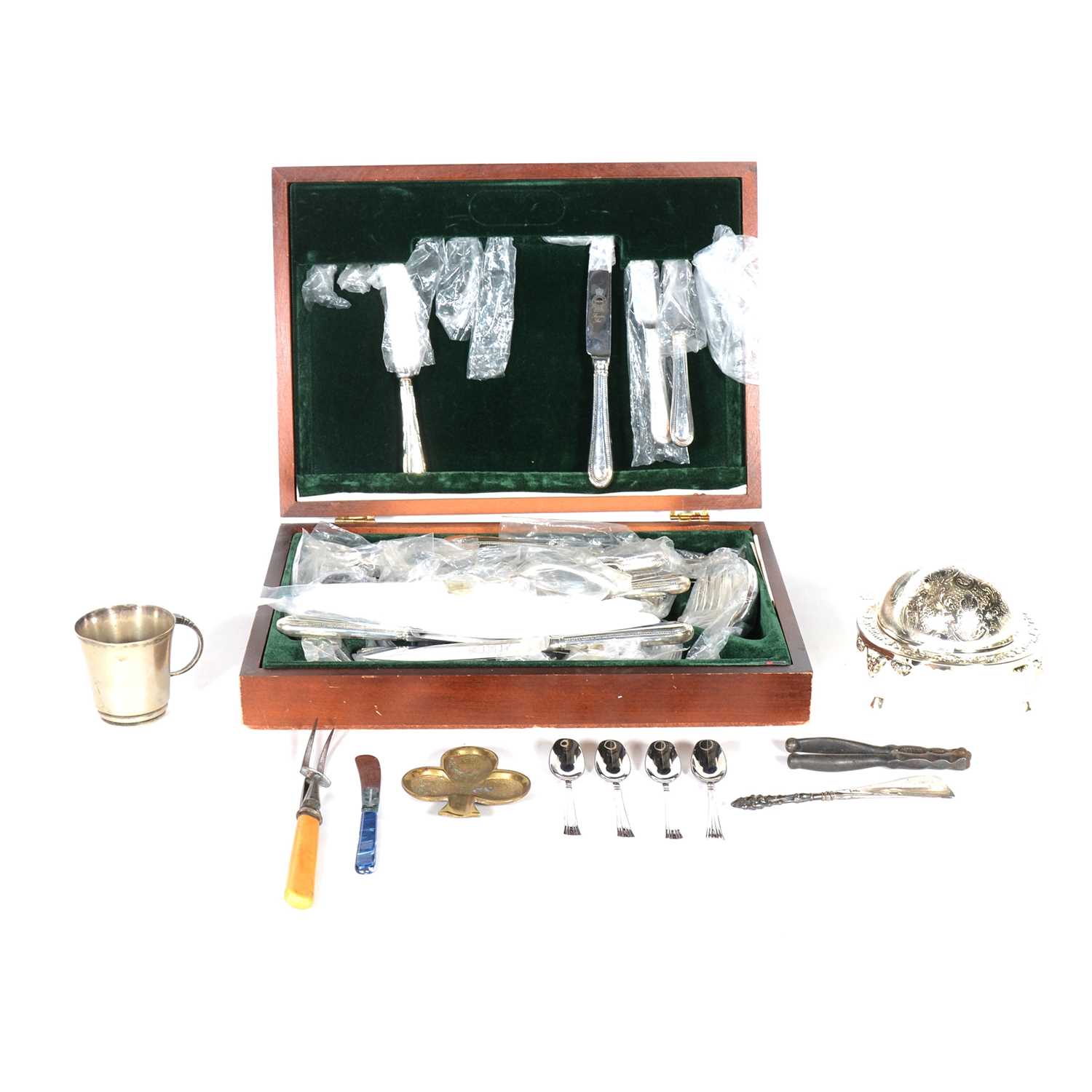 Lot 132 - A canteen of silver-plated bead edge cutlery, another oak canteen and loose flatware and condiments.