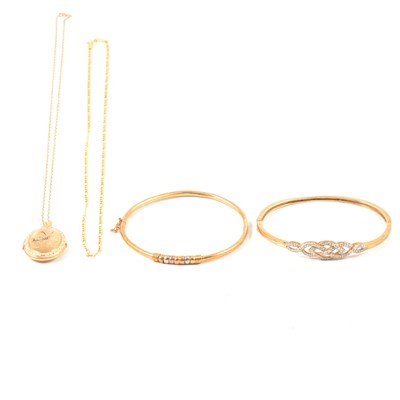 Lot 327 - Two gold bangles, a locket and chain and another chain.