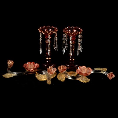 Lot 38 - Two Murano glass floral scrolls, and a pair of ruby glass lustres