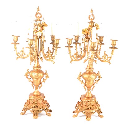 Lot 108 - Pair of modern lacquered brass five-light candelabra