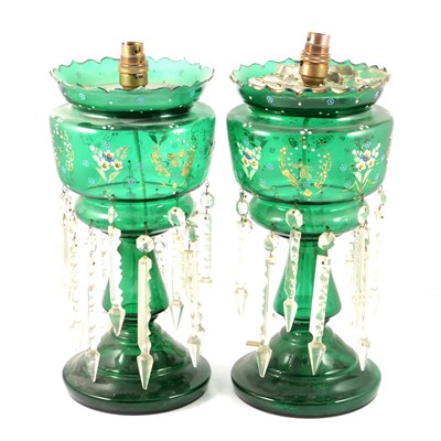 Lot 79 - Pair of Victorian green glass lustres, converted