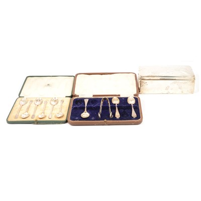 Lot 272 - Silver cigarette box, William Neale & Son Ltd, Birmingham, and two sets of silver spoons.