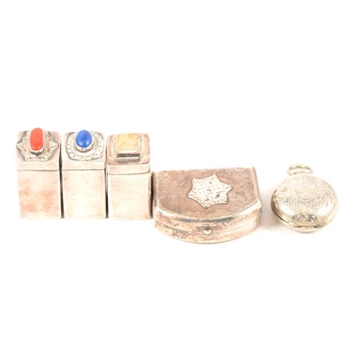 Lot 183 - Three white metal pots with gemstone finials, white metal trinket pot, and plated sovereign holder.