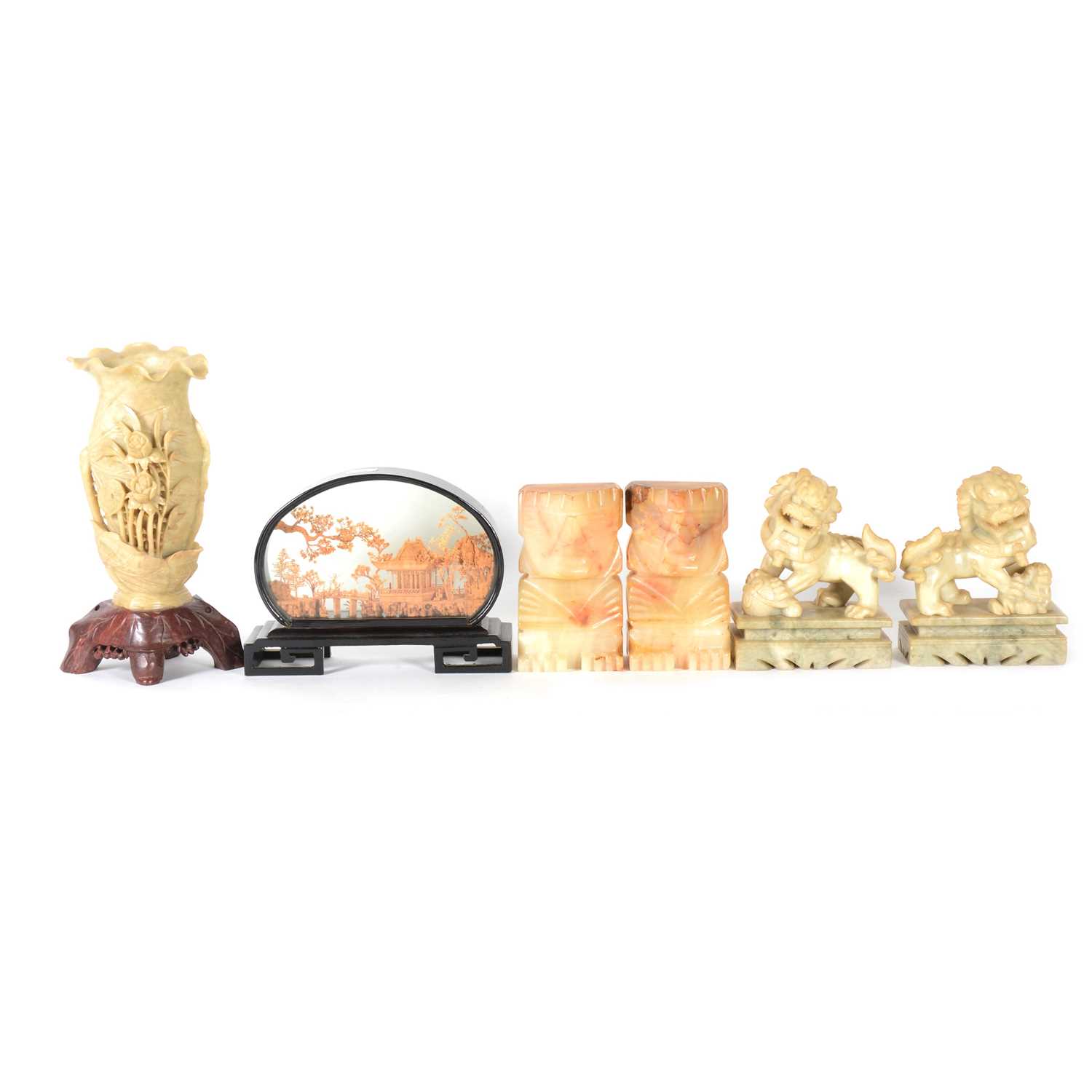 Lot 117 - Two pairs of soapstone figures/ bookends, a carved soapstone vase, and a bamboo diorama