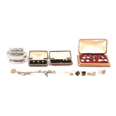 Lot 356 - Vintage cufflinks, dress studs, charm bracelet and Ronson table lighter.