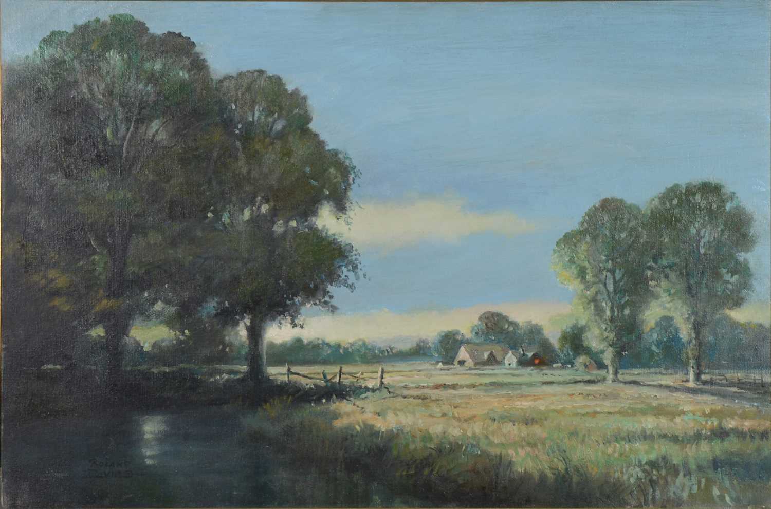 Lot 347 - Roland Davies, landscape with river and farmstead.