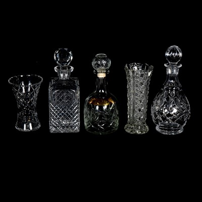 Lot 16 - Cut glass vase by Thomas Webb, decanters, etc.