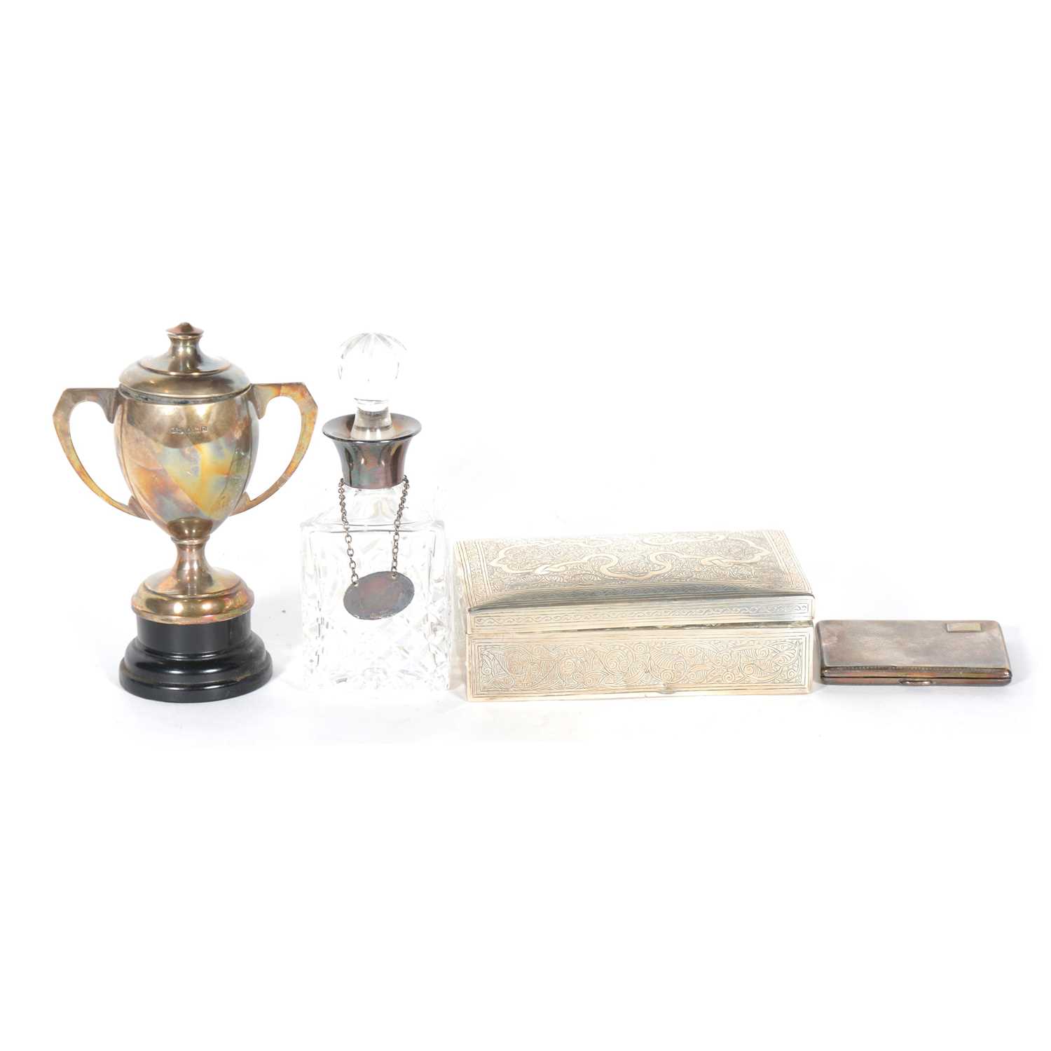 Lot 176 - An Egyptian white metal jewel box, wood-lined; a silver twin-handled trophy cup etc