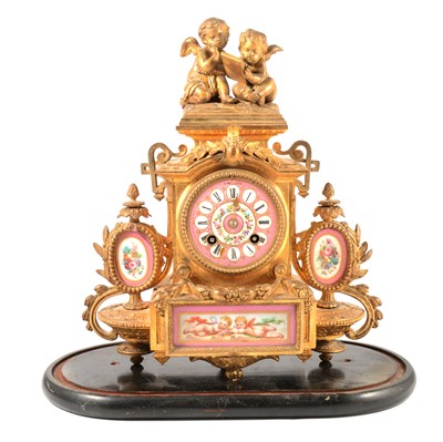 Lot 119 - French gilt metal mantel clock with ceramic dial and plaques