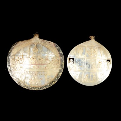 Lot 198 - Two carved mother-of-pearl shells, depicting the Last Supper and the life of Christ.