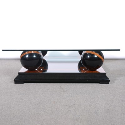 Lot 296 - Contemporary burr wood and ebonised coffee table, glass top