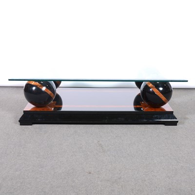 Lot 295 - Contemporary burr wood and ebonised coffee table, glass top