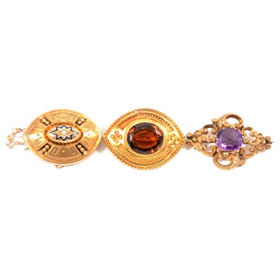 Lot 286 - Three Victorian brooches, amethyst, citrine and pearl.