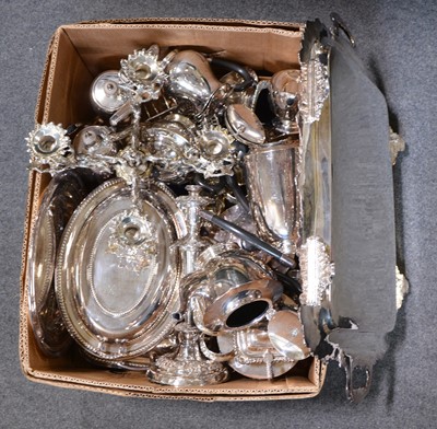 Lot 134 - Electroplated tea tray, cast moulded outline; plated four-piece teaset etc