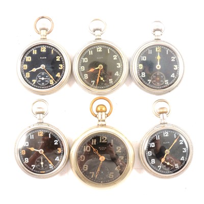 Lot 331 - Six Elgin military pocket watches, black dials