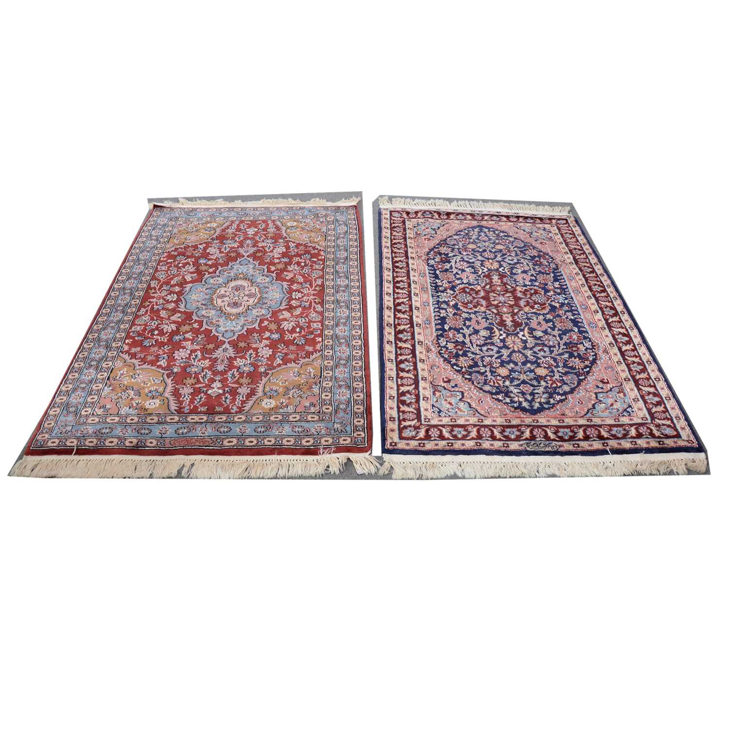 Lot 366 - Two similar Persian pattern silk rugs