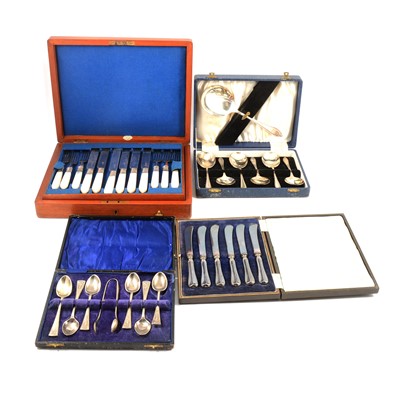 Lot 87 - Quantity of cased cutlery sets, including Elkington bread knife and fork