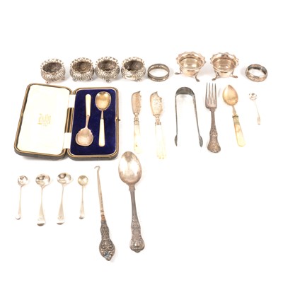 Lot 197 - Set of four silver cauldron-shape salts, other silver salts and flatware