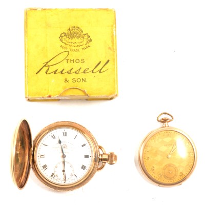 Lot 203 - Thomas Russell gold plated full hunter pocket watch, original card box and a Tempo dress watch